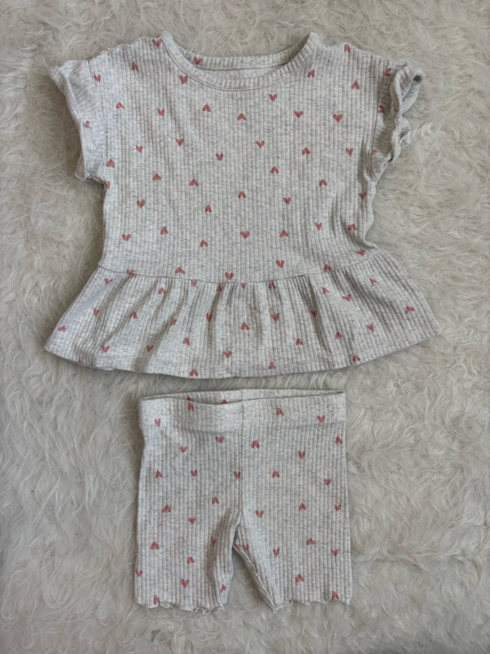 Carter's Girls’ Gray Ribbed Matching Summer Set with Pastel Pink Heart AOP